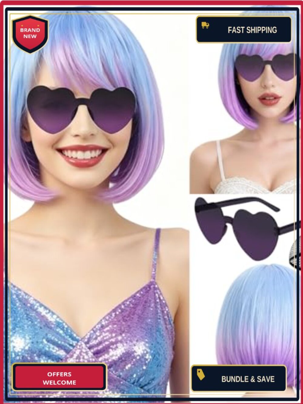 Heat Resistant Synthetic Bob Wig with Bangs and Heart Sunglasses Set